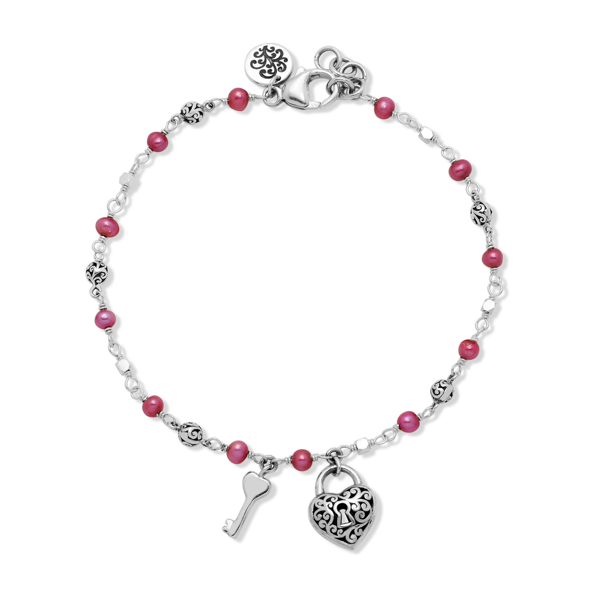Single Strand Pink Pearl Bead (4mm) with Scroll Sterling Silver Bead (4mm) Wire-Wrapped Bracelet. <br> 8 1/4'' L