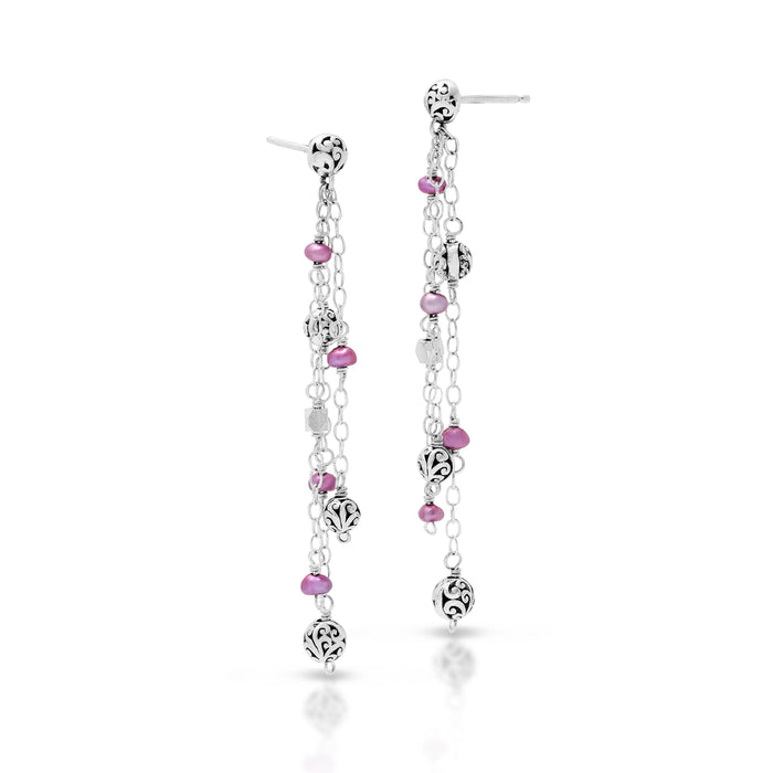 Pink Pearl Bead with Scroll Bead Triple Strand Drop Fishook Earrings