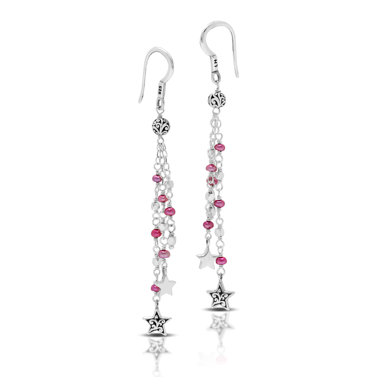 Pink Pearl Bead (3mm) with Signature Scroll Stars Charm Wire-Wrapped Drop Fishhook Earrings. 63mm Drop
