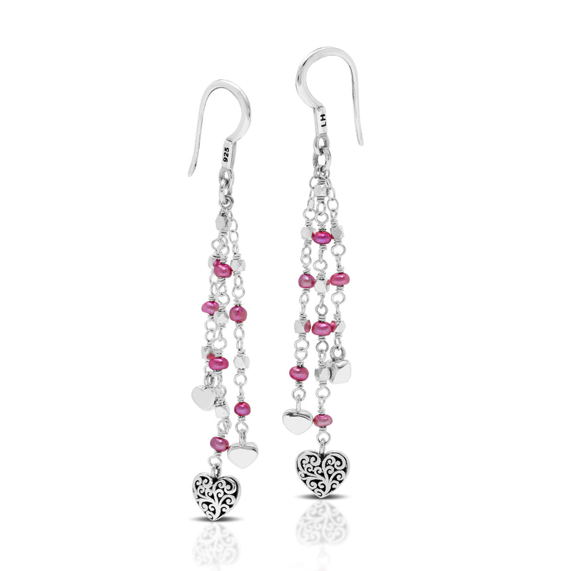 Pink Pearl Bead (3mm) with Signature Scroll Heart Charm Wire-Wrapped Drop Fishhook Earrings. 57mm Drop