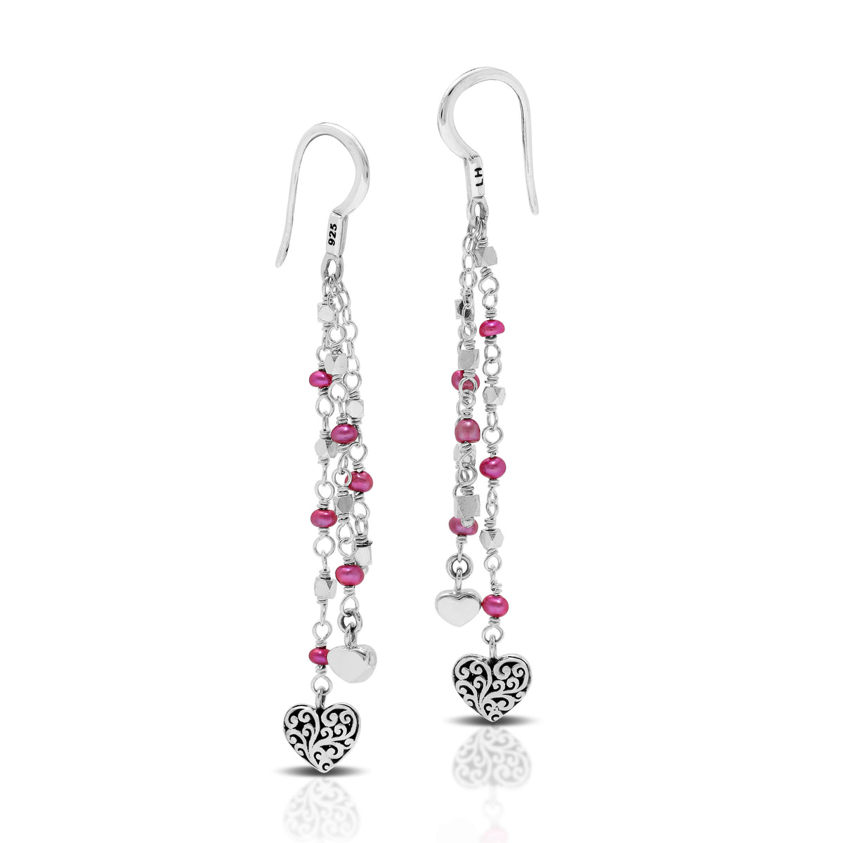 Pink Pearl Bead (3mm) with Signature Scroll Heart Charm Wire-Wrapped Drop Fishhook Earrings. 55mm Drop