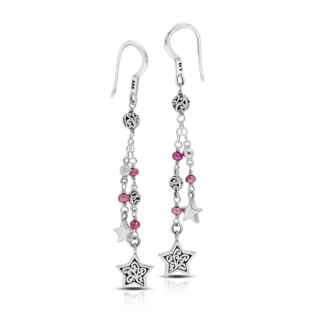 Pink Pearl Bead (3mm) with Signature Scroll Star Charm Wire-Wrapped Drop Fishhook Earrings. 53mm Drop