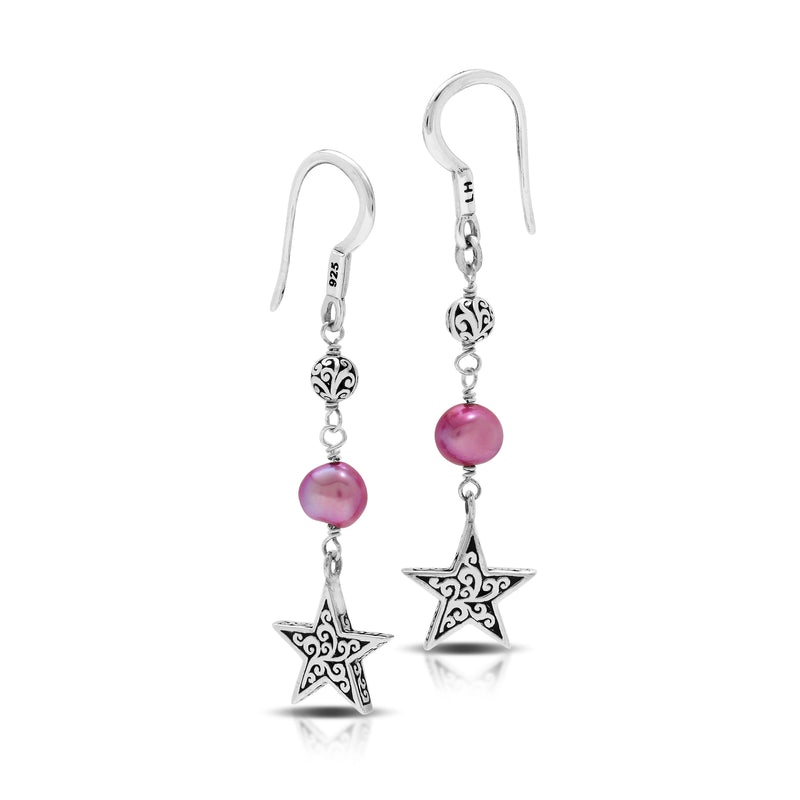 Pink Pearl Bead (6mm) with Signature Scroll Star Charm Drop Fishhook Earrings. 35mm Drop