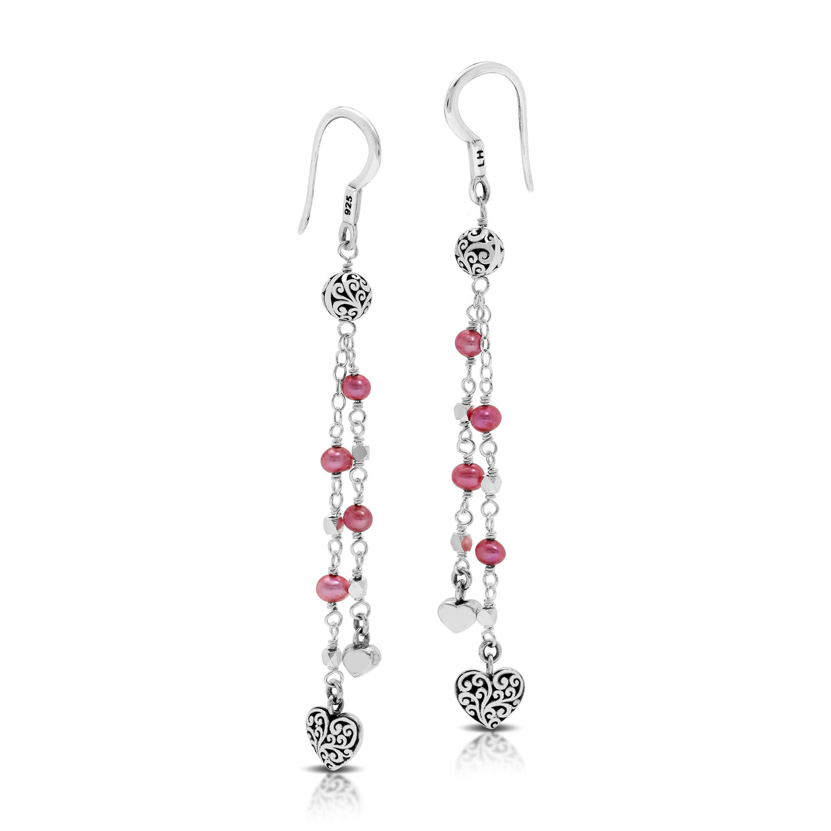 Pink Pearl Bead (4mm) with Signature Scroll Heart Charm Wire-Wrapped Drop Fishhook Earrings. 65mm Drop