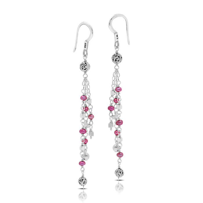 Pink Pearl Bead (3mm) with Scroll Bead (4mm) Three-strand Drop Fishook Earrings. 60mm Drop