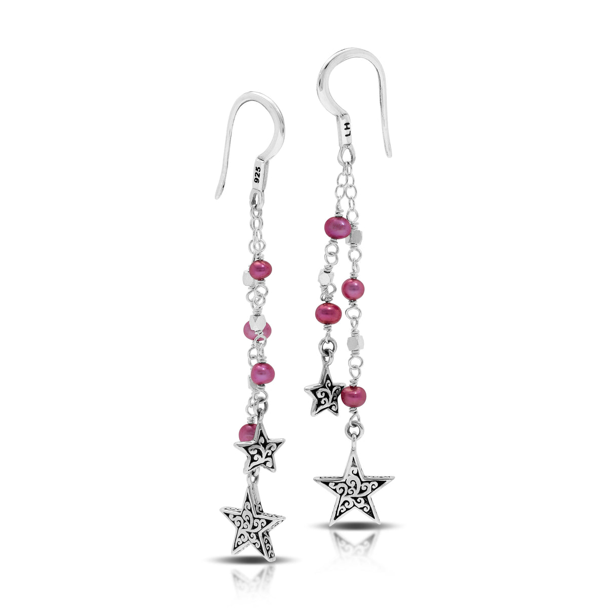 Pink Pearl Bead (4mm) with Signature Scroll Star Charm (12mm x 13mm) Wire-Wrapped Drop Fishhook Earrings. 56mm Drop