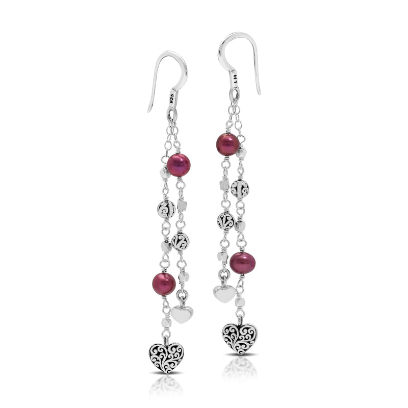 Pink Pearl Bead (6mm) with Signature Scroll Heart Charm Wire-Wrapped Drop Fishhook Earrings. 61mm Drop
