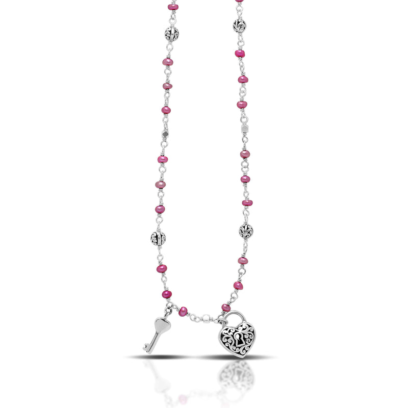 Pink Pearl Bead with Scroll Sterling Silver Bead and Heart Padlock & Key Charm Necklace. 17" Chain