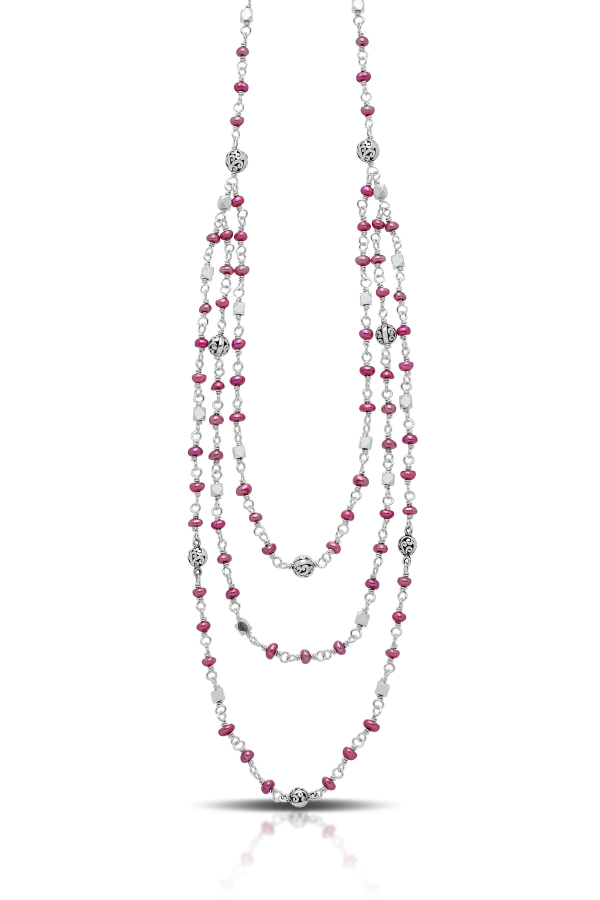 Pink Pearl Bead with Scroll Sterling Silver Bead Triple Strands Necklace. 17" Chain