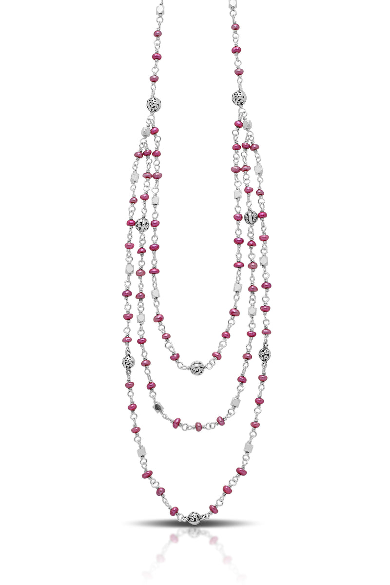 Pink Pearl Bead with Scroll Sterling Silver Bead Triple Strands Necklace. 17" Chain