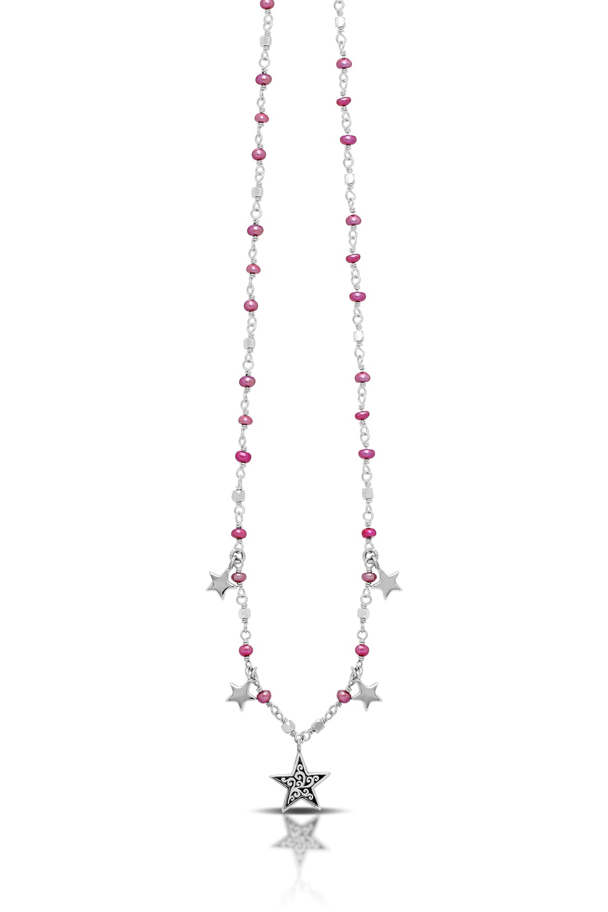 Pink Pearl Bead (3mm) with Scroll Sterling Silver Bead and Star Charm Necklace. 17" Chain