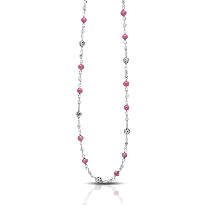 Pink Pearl Bead (4mm) with Scroll Sterling Silver Bead (4mm) Single Strand Wire-Wrapped Necklace. 18" Chain