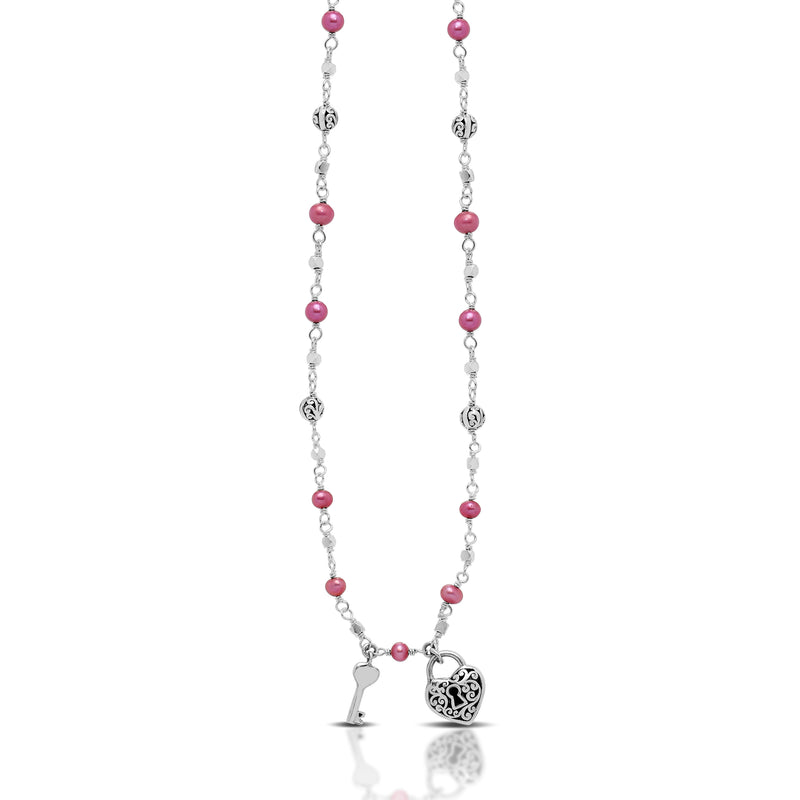 Pink Pearl Bead (4mm) with Scroll Sterling Silver Bead (5mm) Single Strand Wire-Wrapped Necklace. 18" Chain