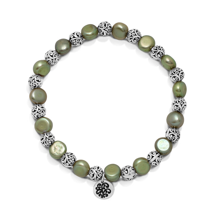 Green Pearl (7mm) Beads with LH Scroll Bead Every-Other Alternate Stretch Bracelet
