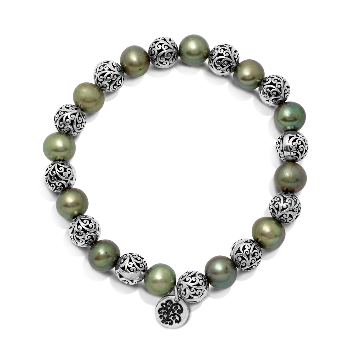 Green Pearl (8mm) Beads with LH Scroll Bead Every-Other Alternate Stretch Bracelet