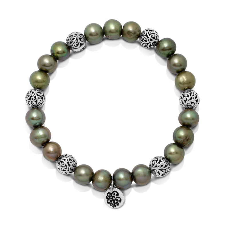 Green Pearl (8mm) Beads with LH Scroll Bead Every-Three Alternate Stretch Bracelet