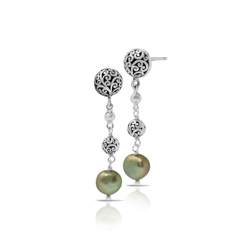 Green Pearl (7mm) Flat Side Beads with LH Scroll Bead Drop Post Earrings