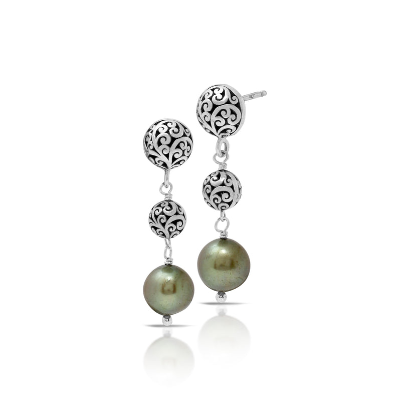 Green Pearl (8mm) Beads with LH Scroll Bead Drop Post Earrings