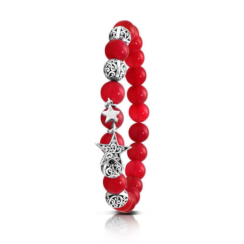 Red Agate Bead (8mm) with Scroll Sterling Silver Bead & Double Stars Stretch Bracelet