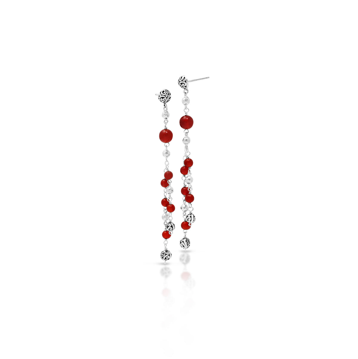 Red Agate Bead (6mm & 4mm) Sterling Silver Scroll Bead (6mm) Drop Post Earrings