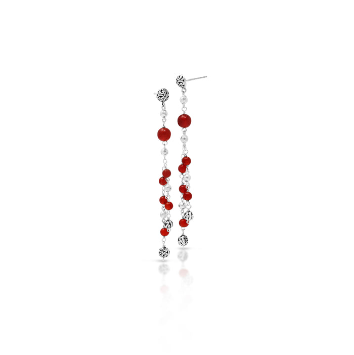 Red Agate Bead (6mm & 4mm) Sterling Silver Scroll Bead (6mm) Drop Post Earrings