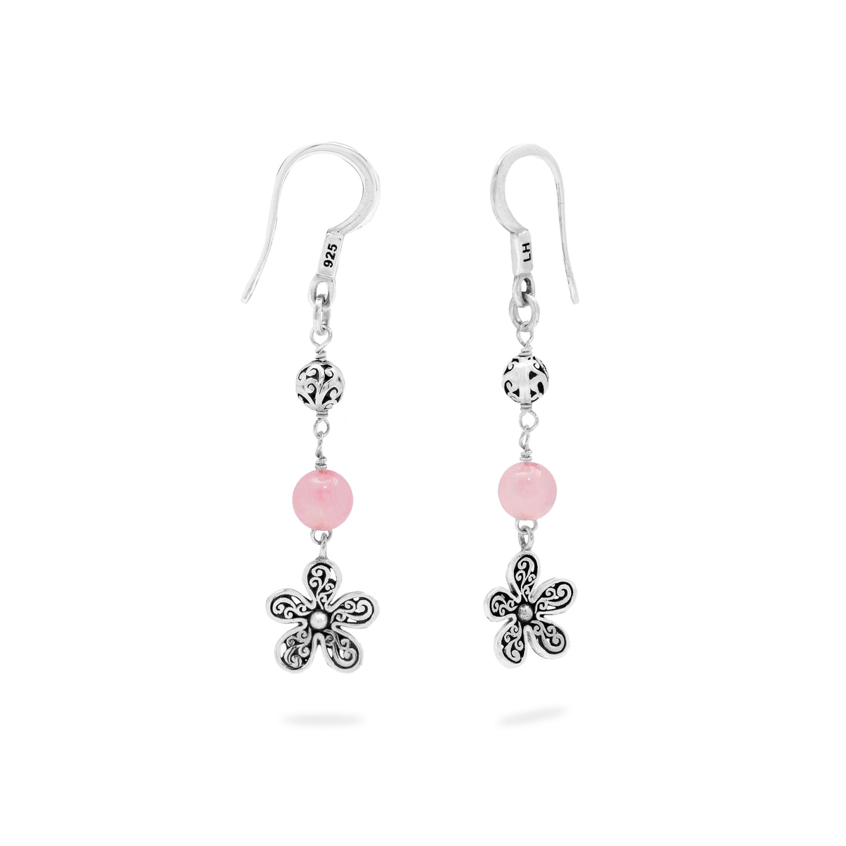 Rose Quartz Bead with Flower Scroll Sterling Silver Bead Drop Fishook Earrings - Lois Hill Jewelry