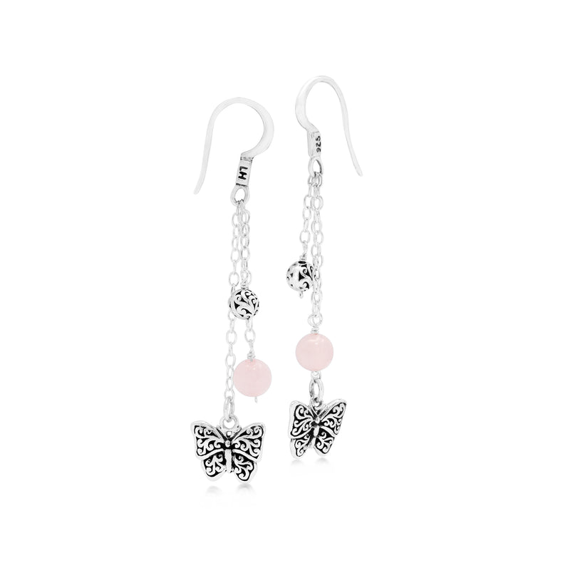 Rose Quartz Bead with Butterfly Scroll Sterling Silver Drop Fishook Earrings - Lois Hill Jewelry