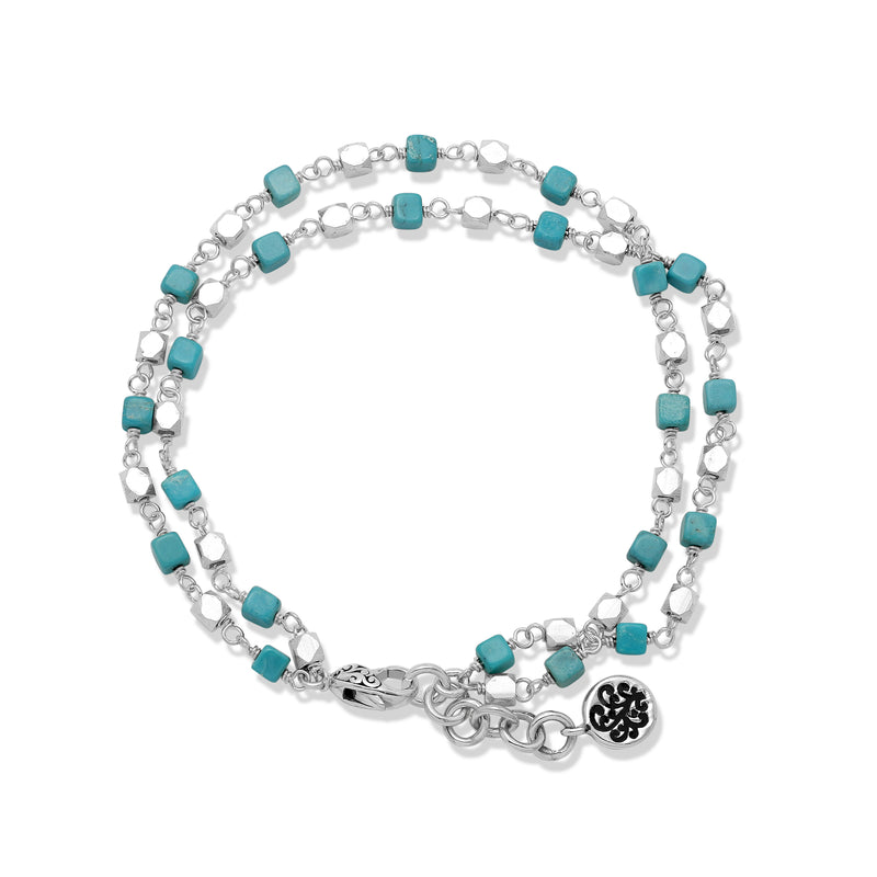 Double Strand Turquoise & Silver Beads Wire-Wrap Bracelet