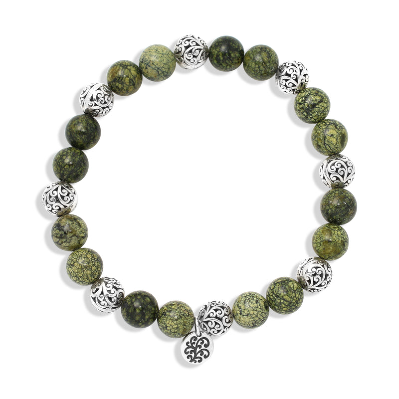 Green Turquoise Bead (8mm) with Scroll Sterling Silver Bead Stretch Bracelet