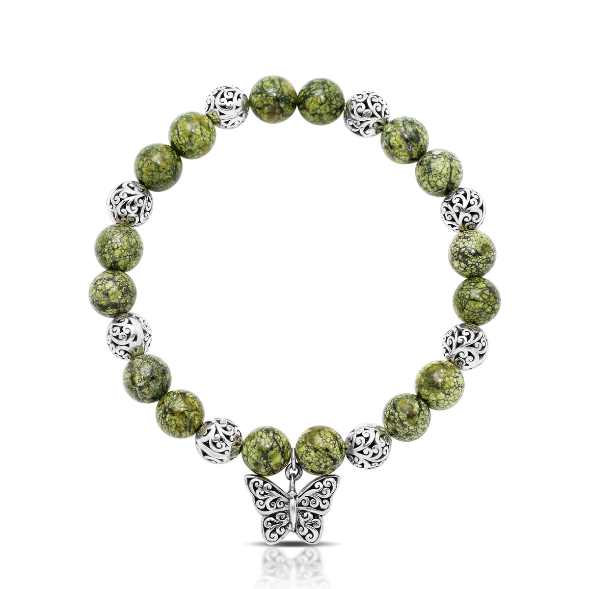 Green Turquoise Bead (8mm) with Scroll Sterling Silver Bead and Butterfly Hang Stretch Bracelet