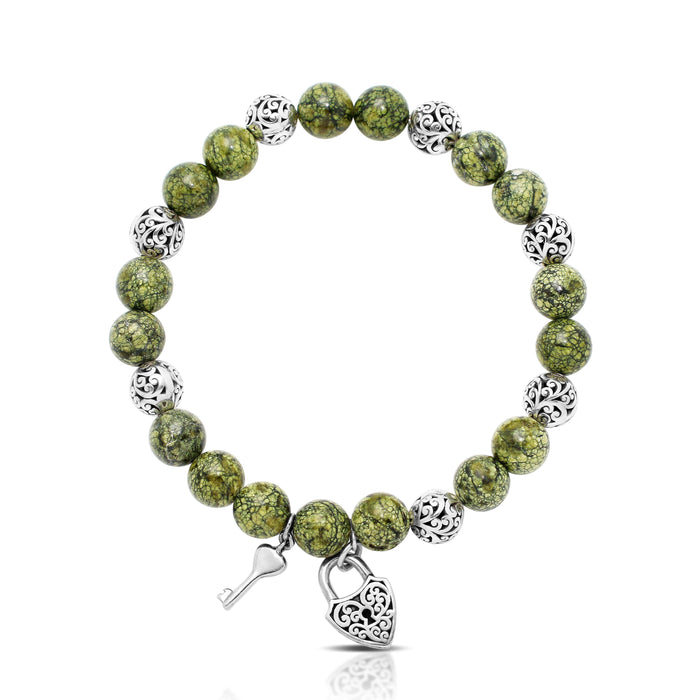 Green Turquoise Bead (8mm) with Scroll Sterling Silver Bead and Heart Lock Key Hang Stretch Bracelet
