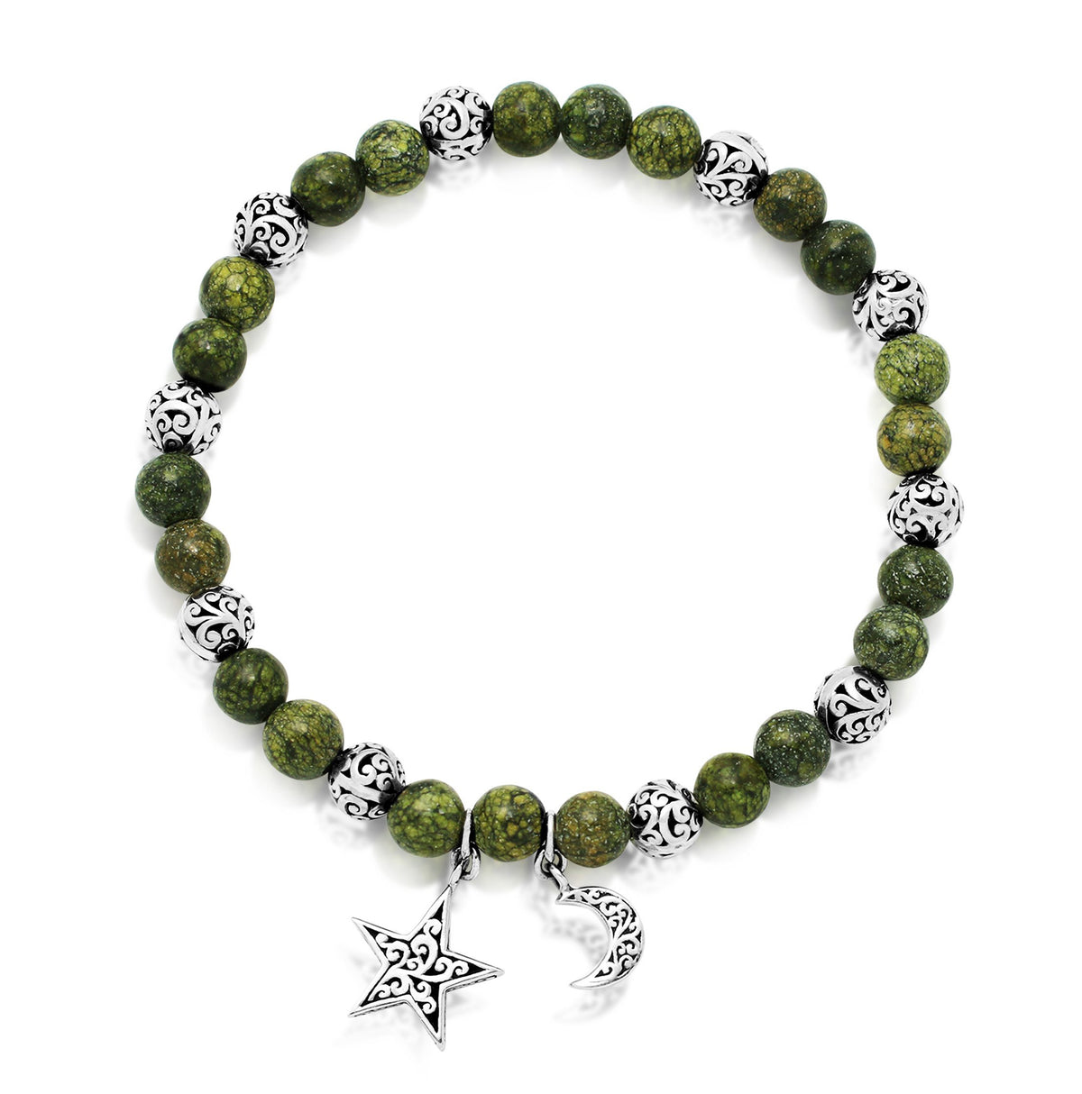Green Turquoise Bead (6mm) with Scroll Sterling Silver Bead and Moon Star Hang Stretch Bracelet
