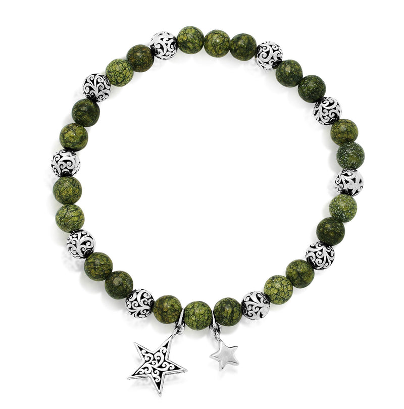 Green Turquoise Bead (6mm) with Scroll Sterling Silver Bead and Stars Hang Stretch Bracelet