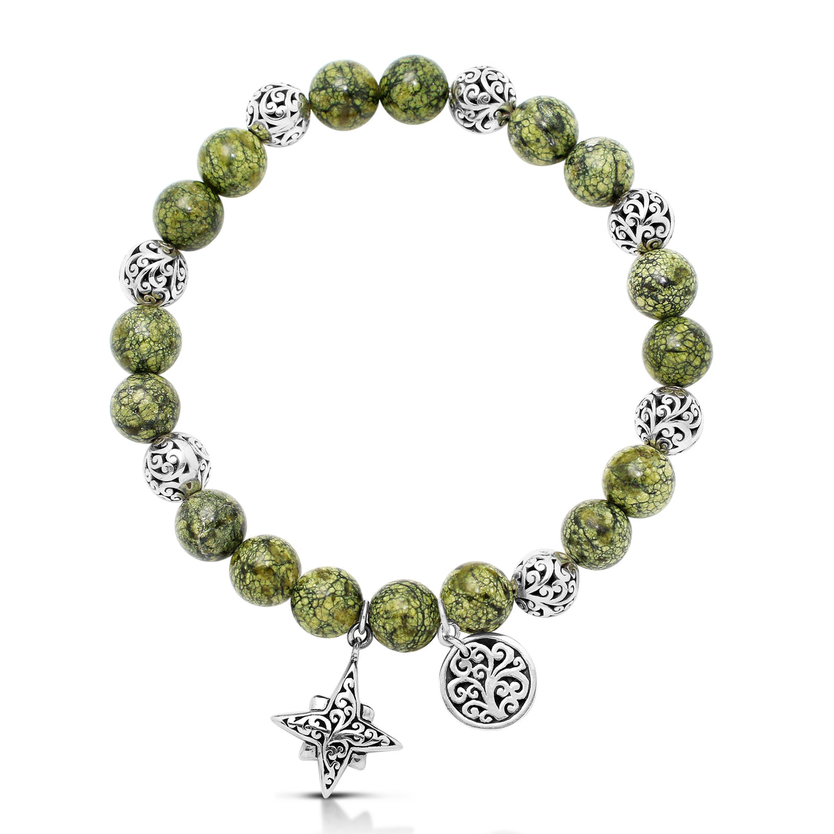 Green Turquoise Bead (8mm) with Scroll Sterling Silver Bead and Star-Bright Hang Stretch Bracelet