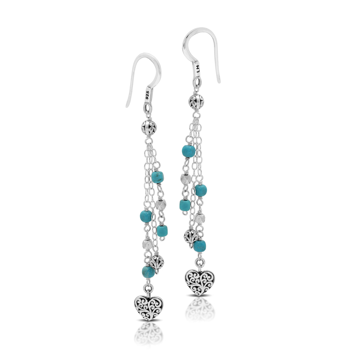 Layered Turquoise & LH Scroll Beads with Heart Charms Chandelier Earrings (60mm)
