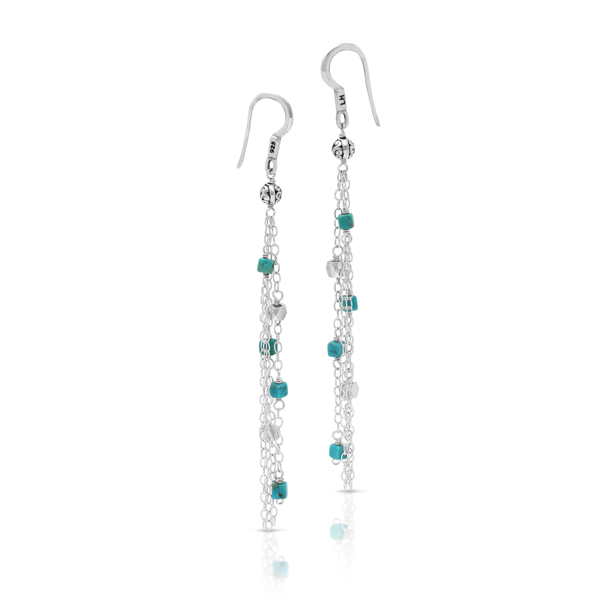 Multi Strand Turquoise & Silver Beads Chandelier Chain Earrings (72mm)