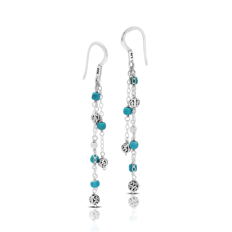 Layered Turquoise & LH Scroll Beads Chandelier Wire-Wrap Earrings (55mm)