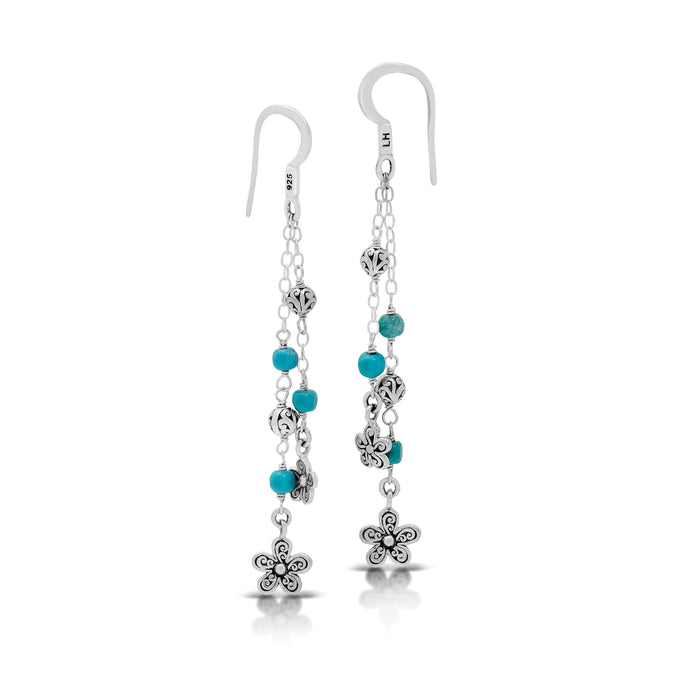 Turquoise & LH Scroll Beads Two Strand Flower Chandelier Wire-Wrap Earrings (68mm)
