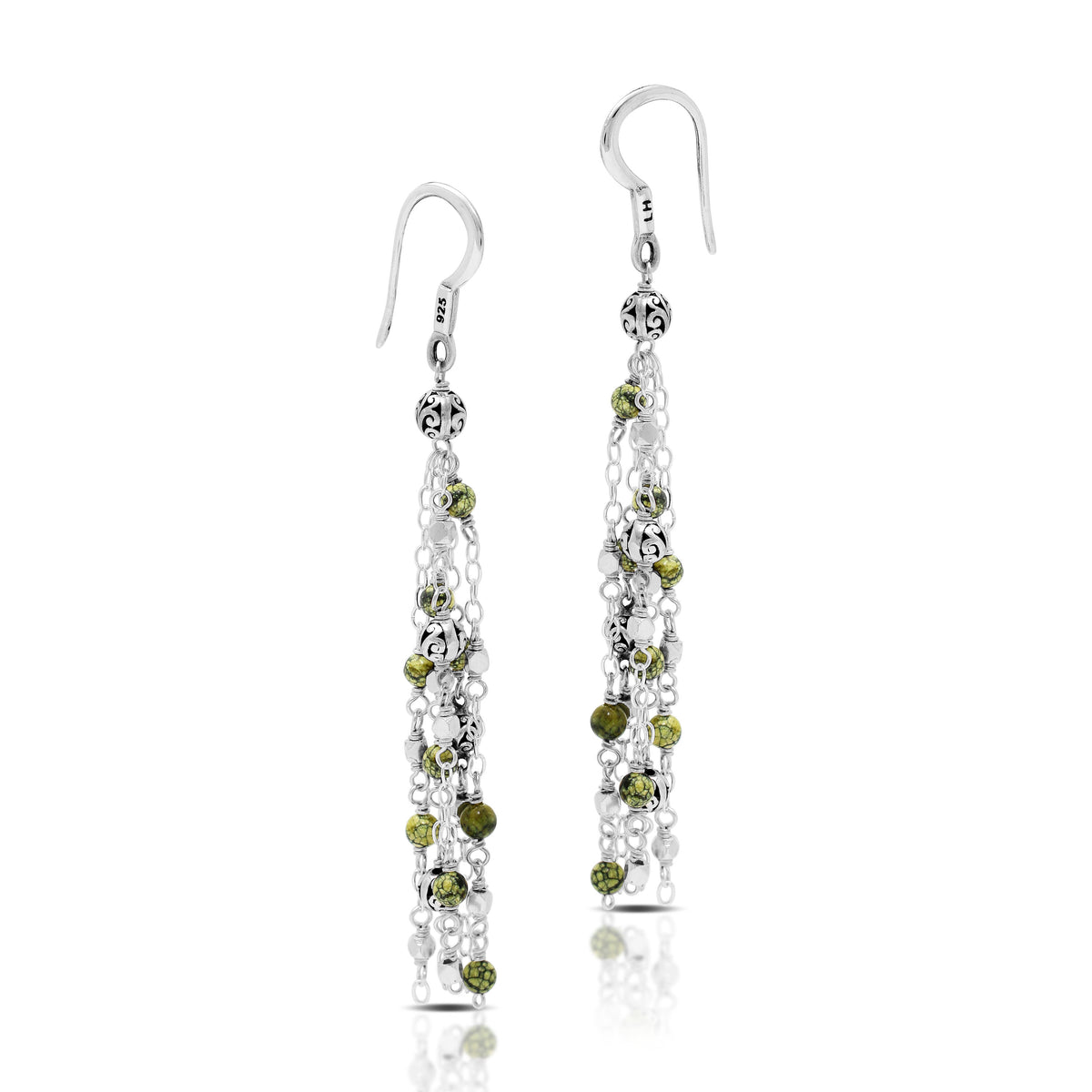 Green Turquoise Bead (3mm) with Sterling Silver Scroll Bead (5mm & 4mm) Drop Fishook Earrings