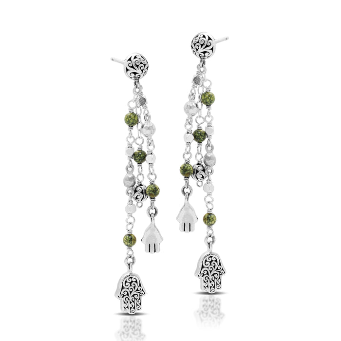 Green Turquoise Bead (3mm) with Sterling Silver Scroll Bead (4mm) with Hamsa Sign Post Earrings