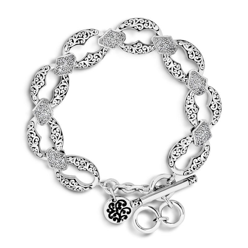 White Diamond, Signature Carved Scroll Link Bracelet - Lois Hill Jewelry