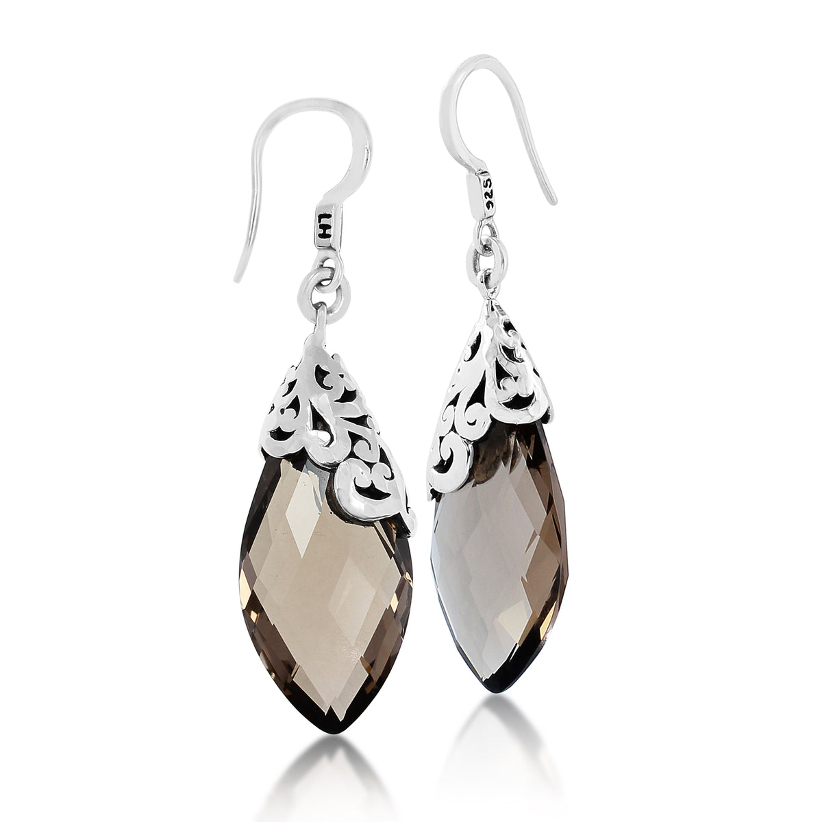 Medium Signature Open Scroll Smoky Quartz Teardrop Earrings. 38mm Drop