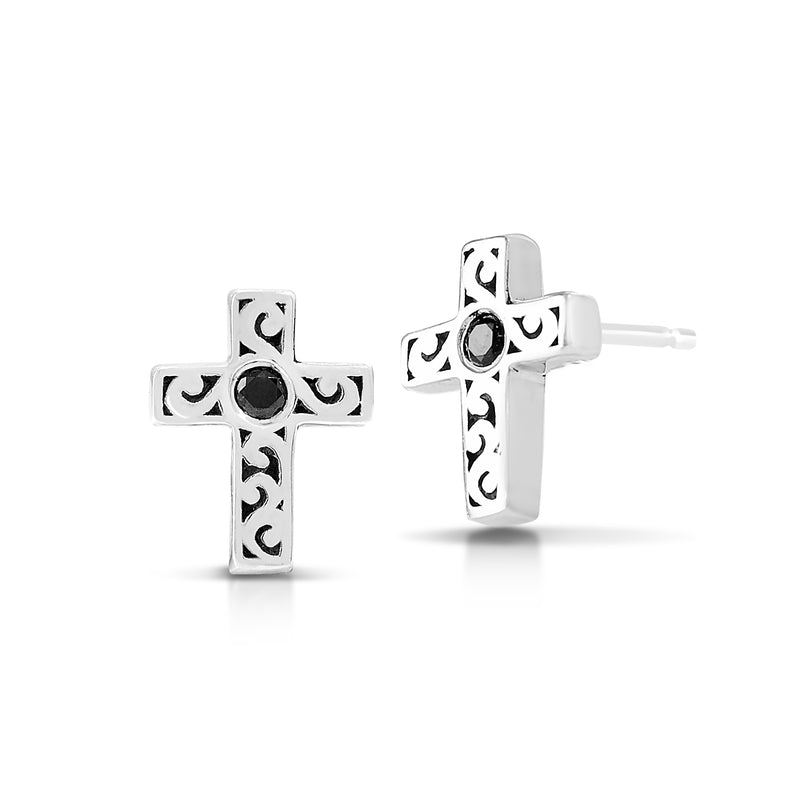 Classic Signature Scroll Small Cross and Black Onyx Stud Earrings - Lois Hill Jewelry
