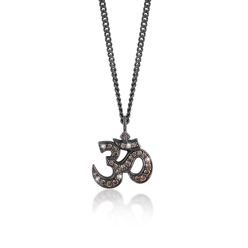 Brown Diamond (.16cts) 'Om' Pendant Necklace in Black Rhodium Plated Sterling Silver