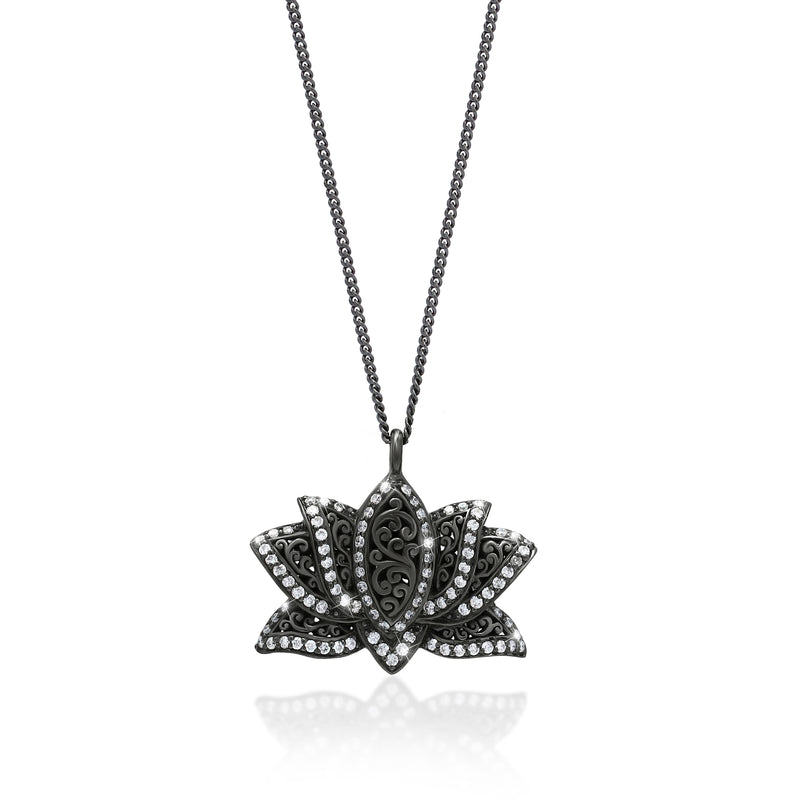 White Diamond Lotus Pendant Necklace in Black Rhodium Plated Sterling Silver