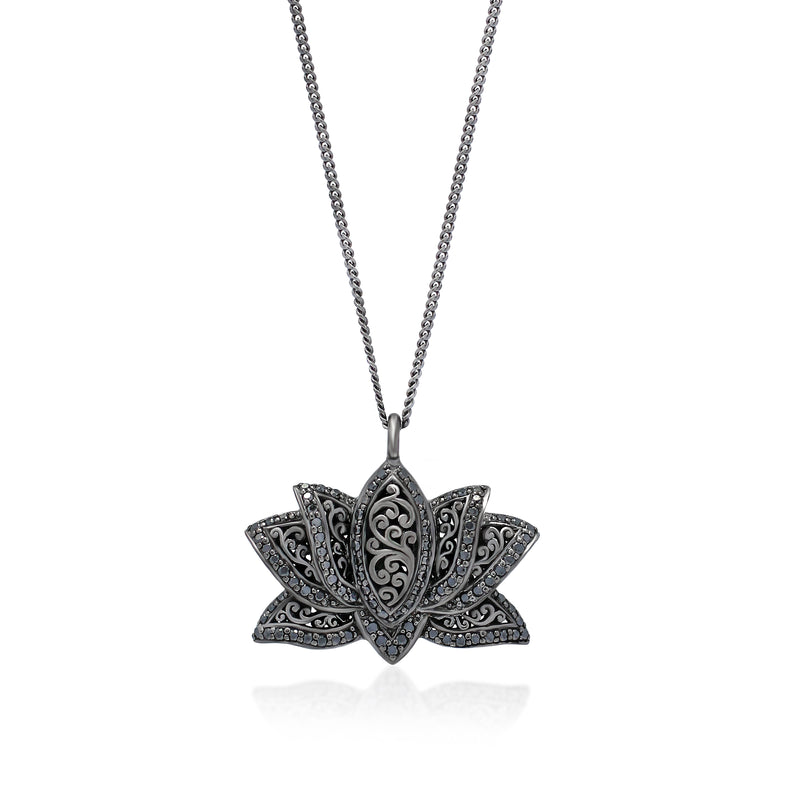 Black Diamond Lotus Pendant Necklace in Black Rhodium Plated Sterling Silver