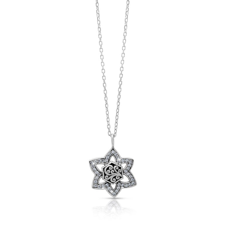 White Diamond (.20ct) Stars-of-David Signature Scroll Sterling Silver Necklace (16''-18'' ADJ)