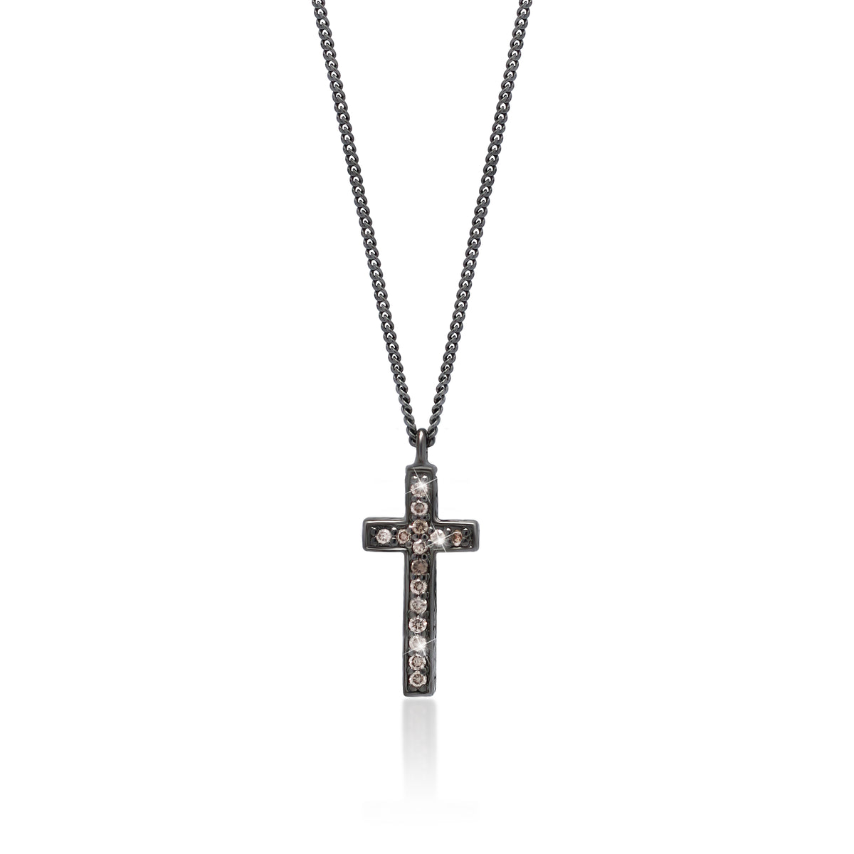 Brown Diamond Cross Pendant Necklace in Black Rhodium Plated Sterling Silver
