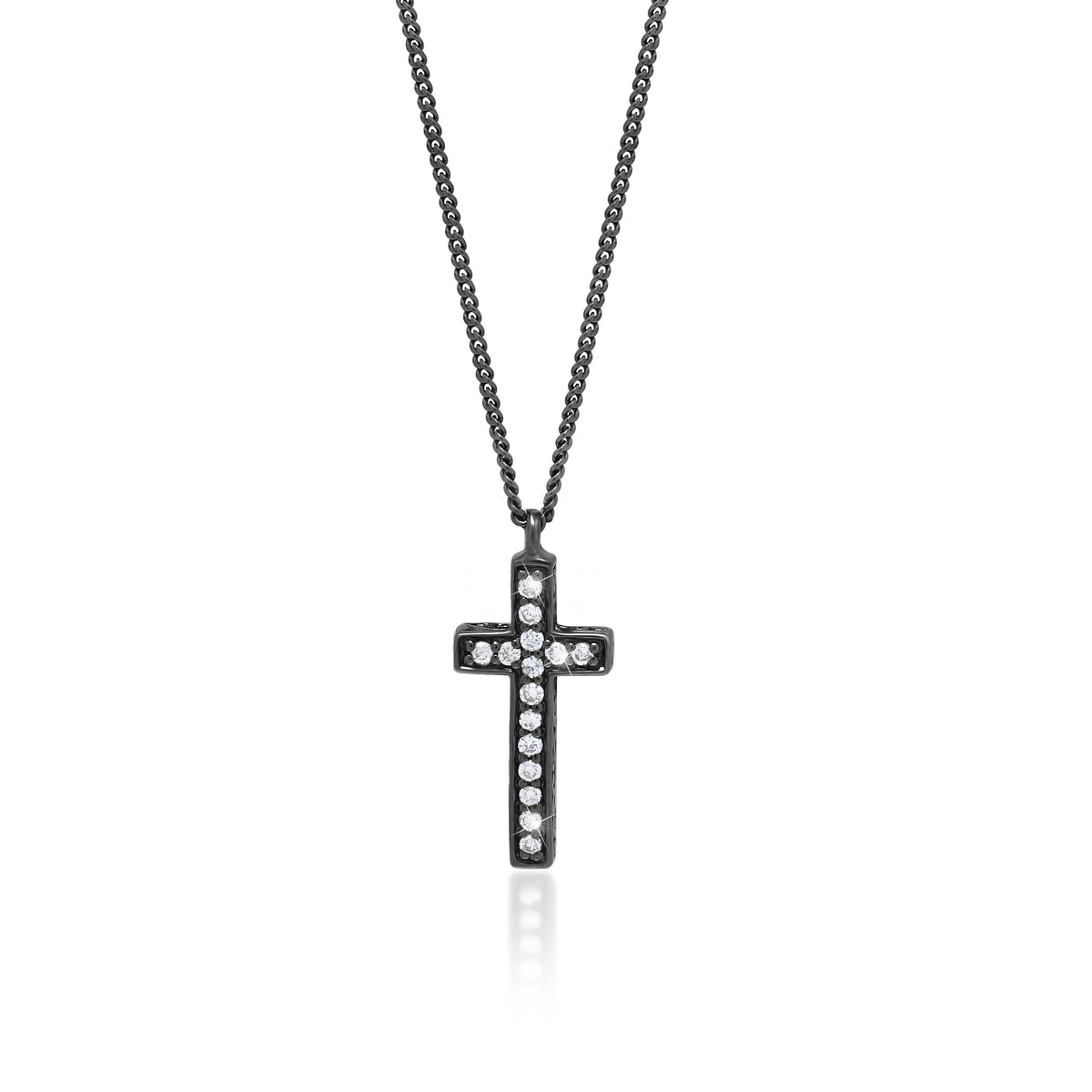 White Diamond Cross Pendant Necklace in Black Rhodium Plated Sterling Silver