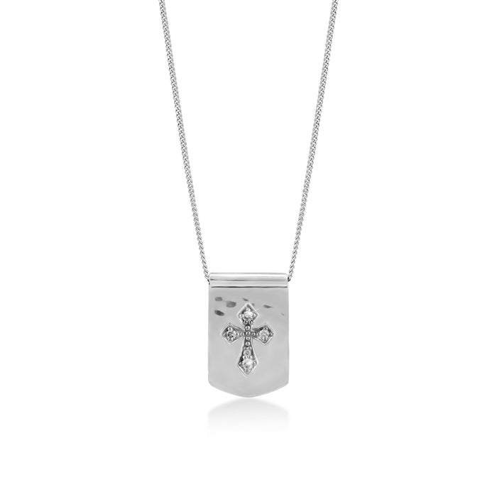 White Diamond (.05cts) Sterling Silver LH Cross Tag Pendant Necklace on Adjustable Chain 20''